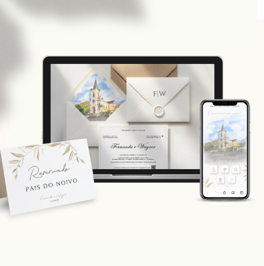 Mockup de convite e site de casamento - design Fernanda e Wagner