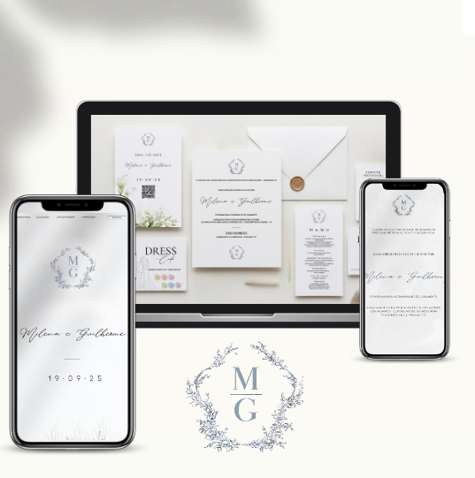 Mockup de convite e site de casamento - design Milena e Guilherme